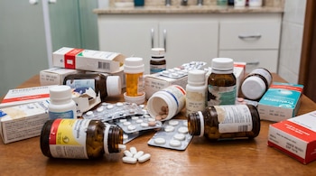 Frascos, cajas y blísteres de medicamentos apilados y dispersos sobre una mesa de madera. Algunos envases están abiertos con pastillas y tabletas visibles.