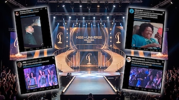Escenario con luces y la frase Miss Universe Colombia 2024 rodeado por cuatro capturas de pantalla de publicaciones de X.