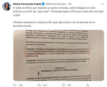 Tweet de María Fernanda Cabal