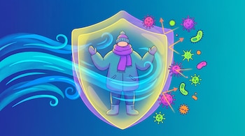 Figura humana con abrigo, bufanda y gorro dentro de un escudo amarillo y violeta. Ráfagas de aire azul. Varios virus y bacterias de colores se alejan del escudo.