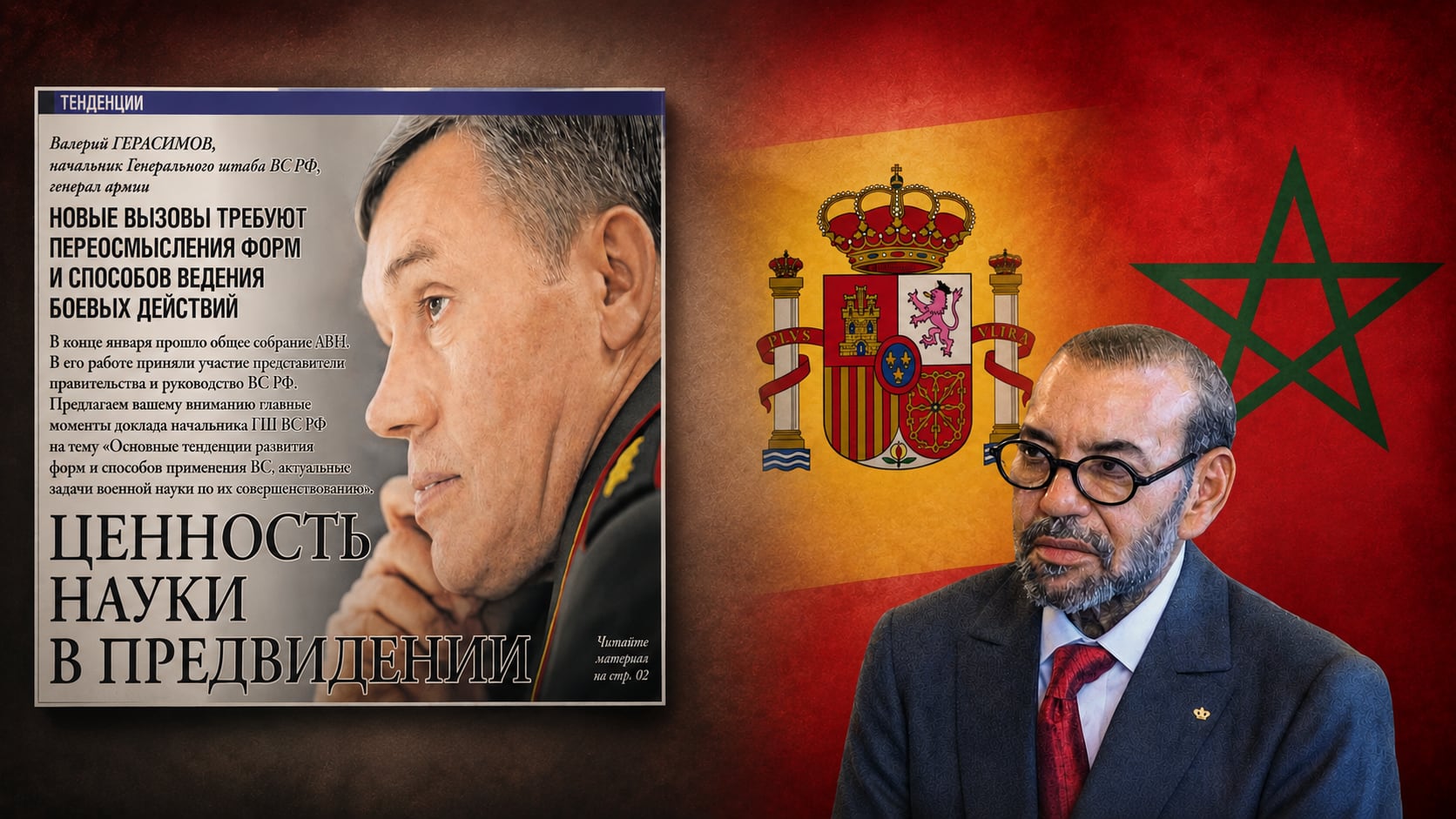 Composición sobre la doctrina de guerra híbrida del general ruso Valeri Guerásimov con la del rey Mohamed VI de Marruecos ante la bandera de España.