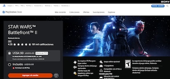 Página de PlayStation Store con el videojuego STAR WARS Battlefront II para PS4. Muestra título, detalles, precio de oferta de US$4.99, botón 'Agregar al carrito' y personajes de Star Wars