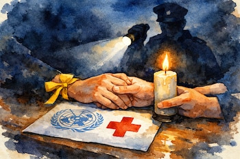 Ilustración acuarela: Dos manos femeninas unidas con lazo amarillo y vela, sobre logos de la ONU y Cruz Roja. Un policía con linterna en el fondo.