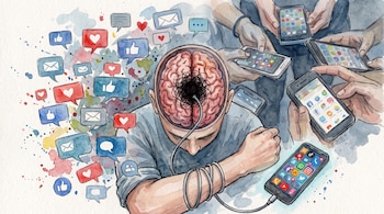 Una persona con la cabeza abierta y el cerebro visible está conectada por un cable a un teléfono inteligente, rodeada de manos que sostienen celulares y burbujas de redes sociales.