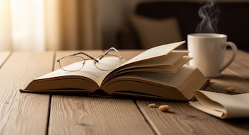 Un libro de tapa dura abierto con gafas de montura dorada sobre sus páginas, una taza blanca humeante y pequeños bocadillos en una mesa de madera.