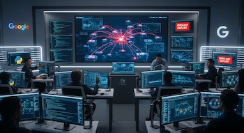 Vista aérea de un centro de ciberseguridad de Google con analistas frente a múltiples pantallas que muestran código Python, gráficos de amenazas y alertas.