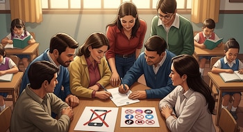 Siete adultos firman un documento en mesa con carteles de celular tachado e íconos de redes sociales prohibidas. Niños leen libros.