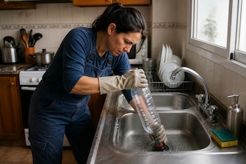 Una mujer con guantes de goma presiona una botella de plástico sobre el desagüe de un fregadero de acero inoxidable.