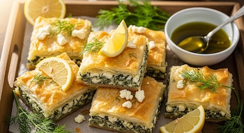 Bandeja con cuadrados de spanakopita griega. Masa filo dorada, relleno de espinacas y queso feta. Limones, eneldo y aceite de oliva son visibles.