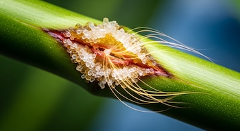 Primer plano de un tallo vegetal verde con una herida abierta, que contiene cristales blancos y ámbar, y líneas de luz dorada que emanan.