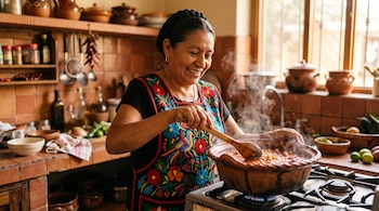 Una mujer sonriente vestida con delantal bordado remueve con una cuchara de madera un guiso en una olla de barro sobre la cocina.