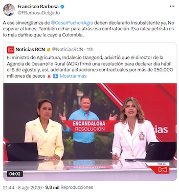 Francisco Barbosa calificó a César Pachón de “sinvergüenza” y reclamó su salida urgente del cargo - crédito @FBarbosaDelgado/X