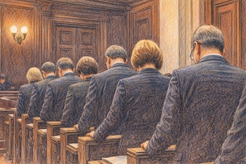 Vista trasera de personas con trajes oscuros de pie en una sala de justicia con paneles de madera, bancos y un aplique de pared, en estilo de dibujo a color.
