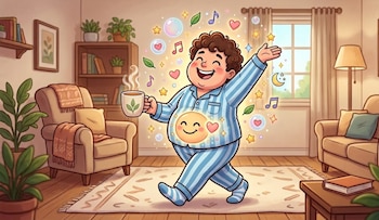 Ilustración de un hombre caricaturesco y sonriente con pijama azul de rayas, sosteniendo una taza de café humeante en una sala de estar