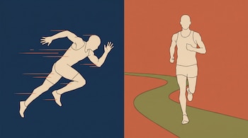 Ilustración en dos paneles con un velocista en carrera sobre fondo azul y un corredor de fondo sobre un camino verde en fondo terracota.