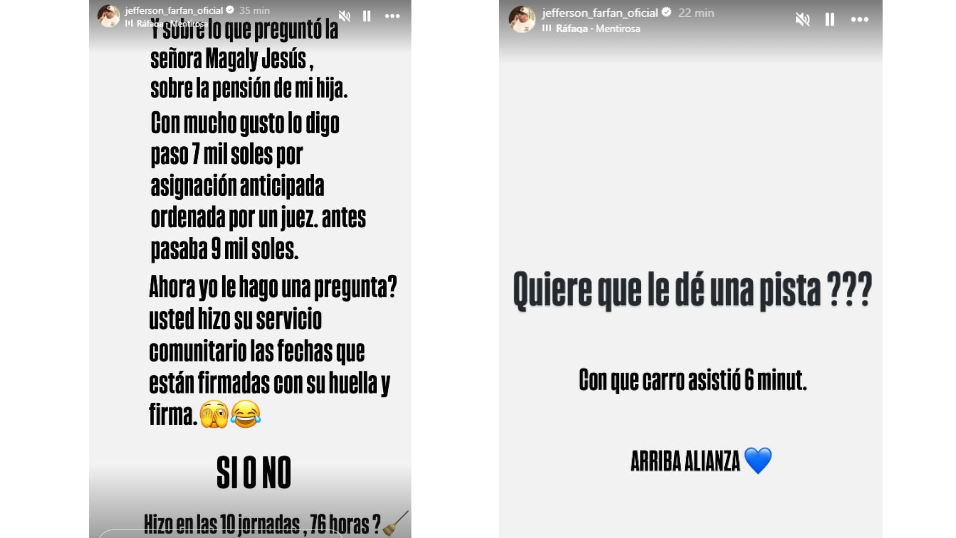 Jefferson Farfán utilizó sus redes sociales para aclarar el monto de la pensión de su hija y, a su vez, cuestionar a Magaly Medina sobre su servicio comunitario, en un claro enfrentamiento mediático.