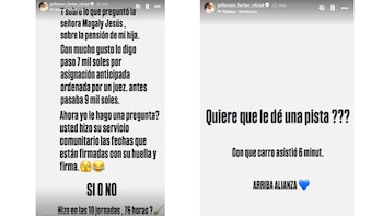 Captura de pantalla mostrando dos historias de Instagram del perfil oficial de Jefferson Farfán, con texto en español sobre pensión y un cuestionamiento
