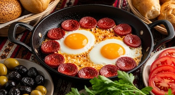 Primer plano de una sartén con rodajas de salchicha sucuk turca y dos huevos fritos. En el fondo, pan, aceitunas y tomates en rodajas sobre una mesa.