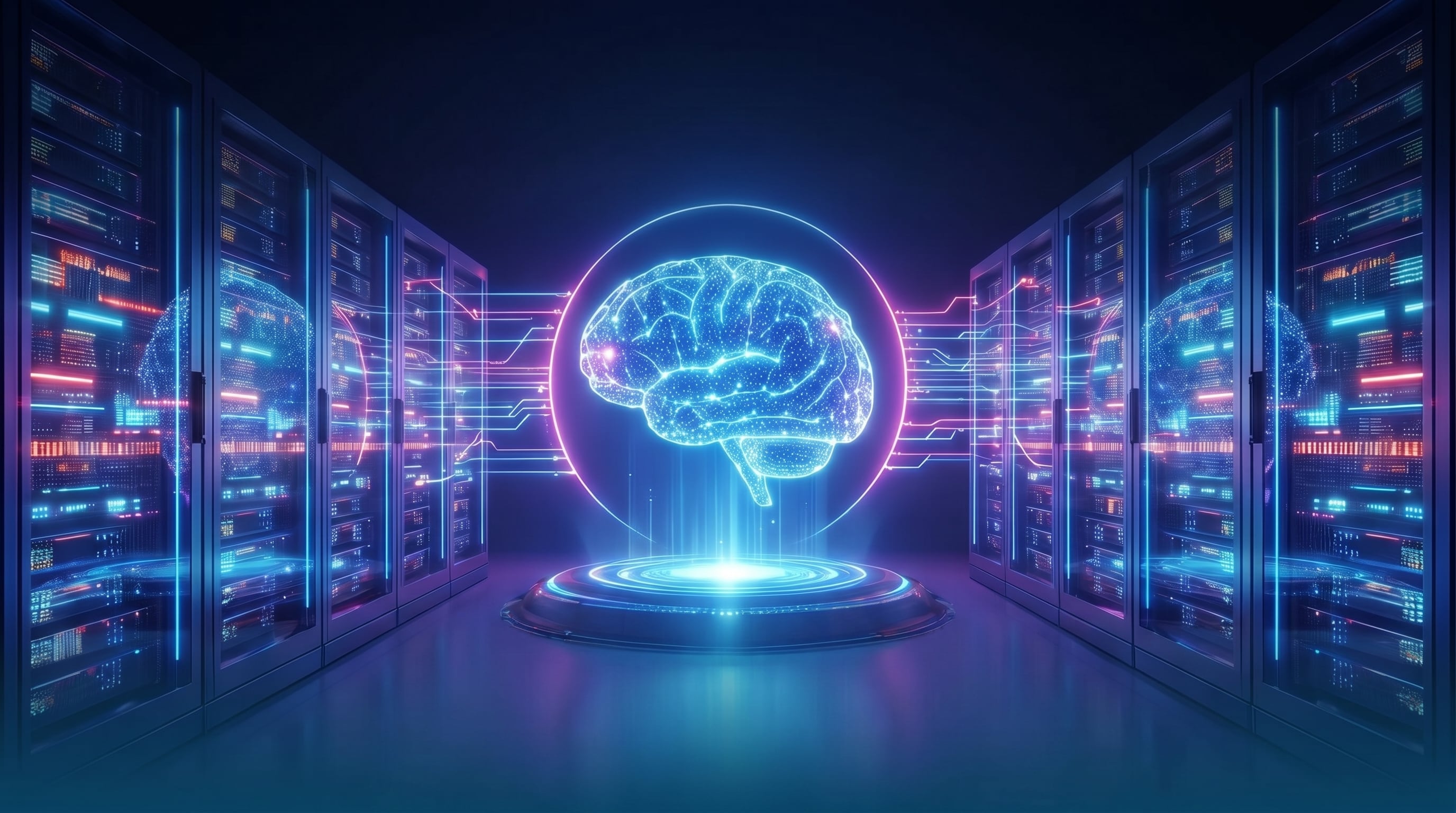 Un cerebro digital luminoso emerge en un centro de datos futurista, ilustrando la interconexión entre la inteligencia artificial y el procesamiento de big data en la infraestructura tecnológica actual. (Imagen Ilustrativa Infobae)