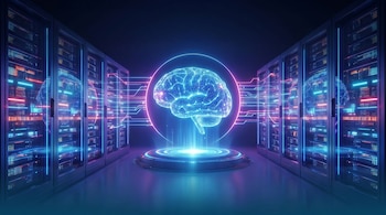 Cerebro digital luminoso en tonos azules y magenta sobre una plataforma brillante. Está en un cuarto oscuro flanqueado por filas de racks de servidores iluminados.