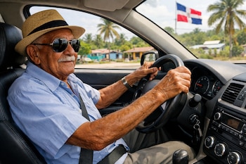 Hombre dominicano de más de 70 años con sombrero y gafas de sol conduciendo un coche, visto desde el asiento del pasajero. Al fondo se ve la bandera dominicana, palmeras y casas.