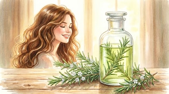 Ilustración de un frasco de vidrio con líquido verde y ramas de romero, junto a ramitas frescas con flores blancas y el rostro de una mujer de cabello brillante con ojos cerrados.