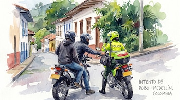 Ilustración en acuarela de dos hombres en motocicleta intentando tomar algo de una patrullera de policía en moto. Al fondo, edificios y vegetación.