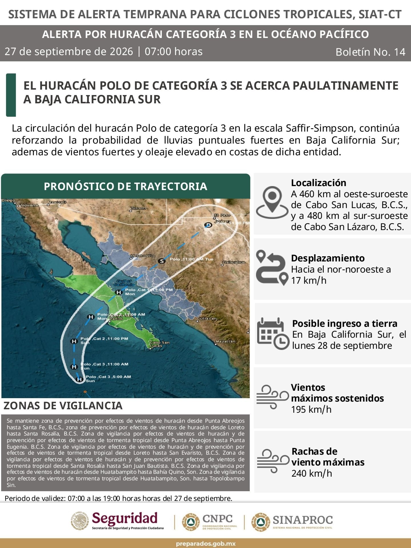 Un boletín del Sistema Nacional de Protección Civil detalla la trayectoria y los vientos del huracán Polo de categoría 3 frente a las costas de Baja California Sur, México.