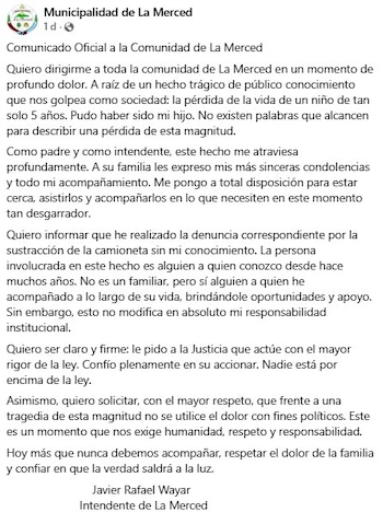 Javier Wayar, intendente de La Merced, denunció la sustracción de la camioneta y pidió a la Justicia que actúe con rigor en el caso