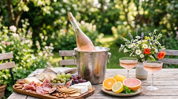 Una hielera con vino rosado, dos copas, una tabla con quesos y embutidos, cítricos y flores sobre una mesa de madera en un jardín.