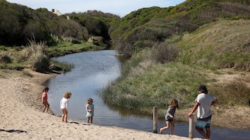 Cuatro niños y un adulto de pie sobre la arena junto a un riachuelo con colinas verdes al fondo