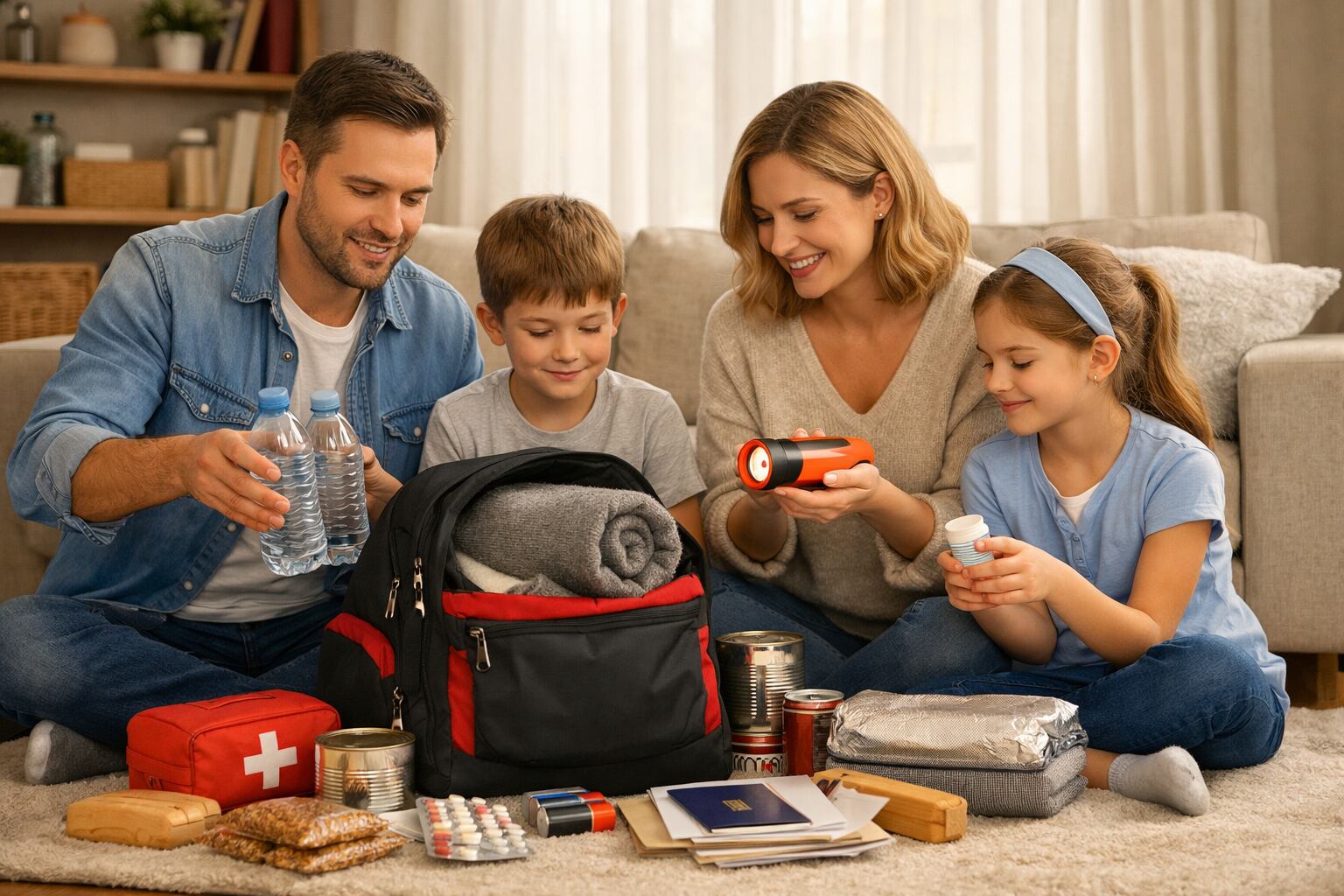 Padres e hijos colaboran en la preparación de una mochila de emergencia en su sala de estar, asegurando tener listos suministros básicos como agua, alimentos y botiquín ante cualquier eventualidad. (Imagen Ilustrativa Infobae)