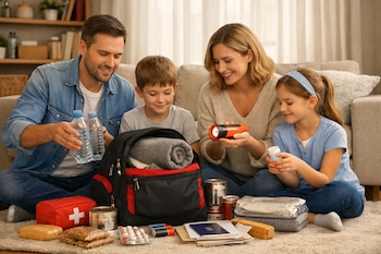 Familia de cuatro sentada en el suelo de un salón, empacando una mochila de emergencia con agua, comida, linterna, manta, botiquín y documentos.