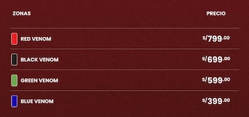 Tabla de precios para un evento, mostrando cuatro zonas: Red Venom (S/799.00), Black Venom (S/699.00), Green Venom (S/599.00) y Blue Venom (S/399.00)