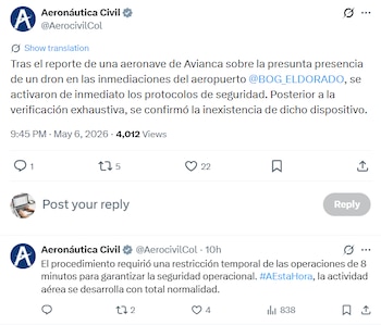 La Aeronáutica Civil informó en su cuenta de X que no se encontró ningún dron cerca de las pistas en la noche del 6 de mayo - crédito @AerocivilCol / X