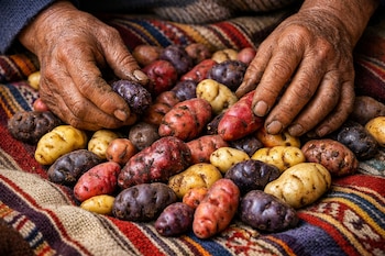 Primer plano de manos curtidas con tierra bajo las uñas seleccionando papas nativas de colores rojo, morado y amarillo sobre un tejido andino multicolor.