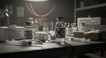 Mesa con viales de vidrio rotulados "PEPTIDOS" y "NOT FOR HUMAN CONSUMPTION", junto a jeringas médicas.