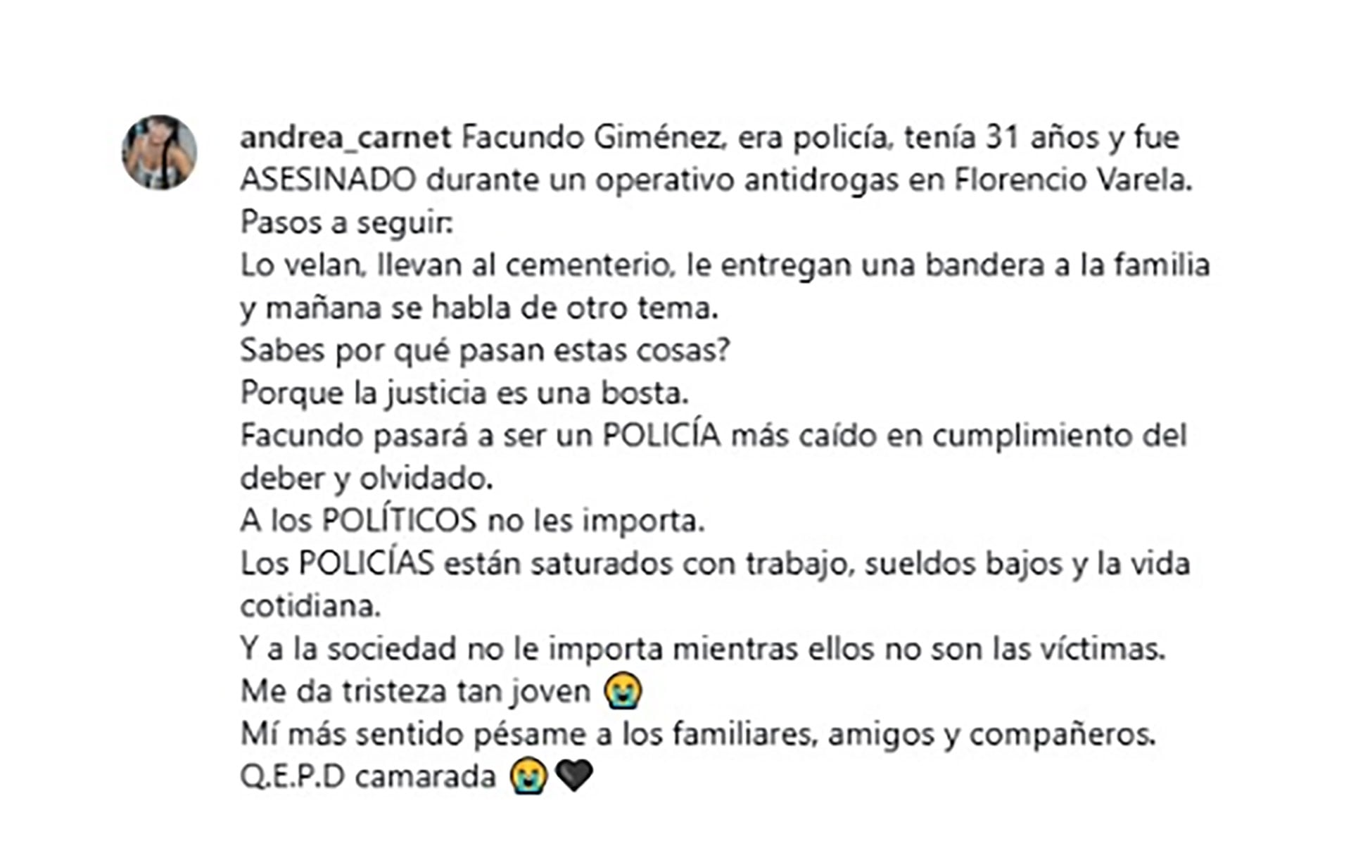 “La Justicia es una bosta”, expresó Andrea Carnet en su cuenta de Facebook (Foto/Facebook/Andrea Carnet)