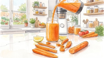 Un frasco de vidrio recibe un líquido naranja vertido desde una licuadora, rodeado de zanahorias rebanadas y rodajas de limón en una cocina.