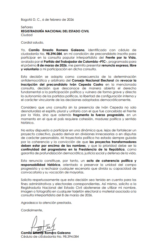 Camilo Romero renunció a su participación en la consulta del 8 de marzo - crédito Prensa Camilo Romero