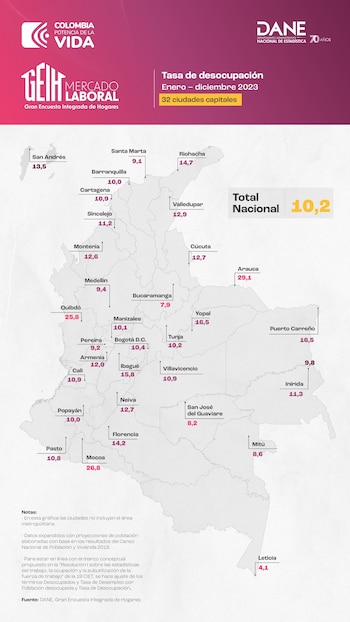 Regiones de Colombia con datos sobre las tasas de ocupación durante 2023 - crédito Dane
