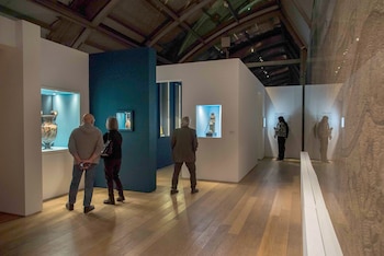 Múltiples personas, vistas de espaldas, observan exposiciones en vitrinas iluminadas en una galería de museo con suelo de madera y paredes blancas y azules