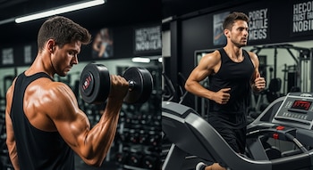 Un hombre con camiseta negra levanta una mancuerna pesada con un brazo y corre en una cinta de ejercicio, ambos en un gimnasio.