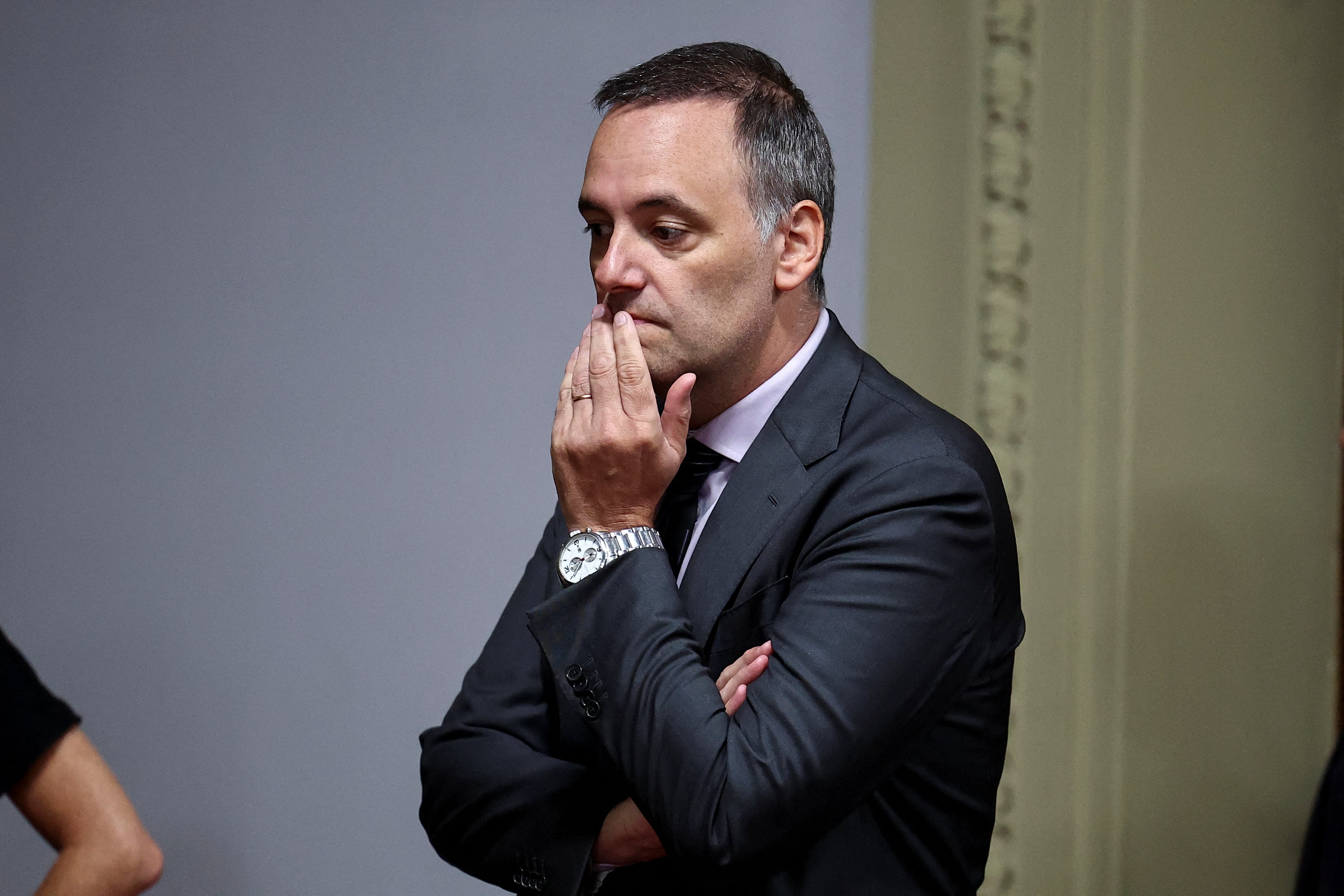 Argentina's presidential spokesperson Manuel Adorni looks on, on the day of a meeting with U.S. Secretary of State Antony Blinken, at the Casa Rosada Presidential Palace, in Buenos Aires, Argentina February 23, 2024. REUTERS/Agustin Marcarian