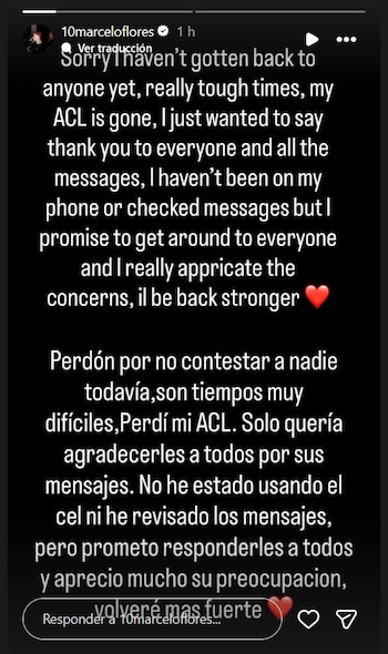 Marcelo Flores confirmó la ruptura de ligamento cruzado (IG/ @10marceloflores)