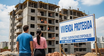 Un hombre y una mujer de espaldas observan un edificio de apartamentos en construcción con varios albañiles trabajando y un cartel que dice "Vivienda Protegida".