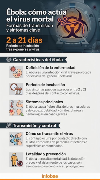 Infografía sobre el Ébola que muestra un diagrama del virus y el símbolo de riesgo biológico, con texto detallando su periodo de incubación, síntomas, transmisión y prevención.