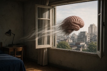Un cerebro humano flotando con estelas de movimiento sale por la ventana abierta de una habitación hacia edificios urbanos.