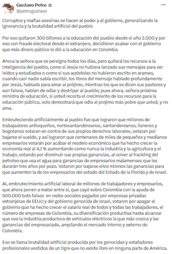 Gustavo Petro acusó a sectores de obstaculizar la educación y denunció recortes históricos en Colombia - crédito @petrogustavo/X