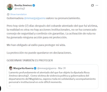 La diputada respondió a la gobernadora del Magdalena ue las declaraciones no se han traducido en acciones concretas de protección - crédito @rositaj2/X
